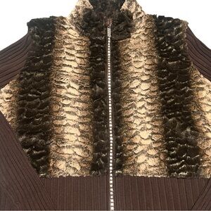 belldini XL Cardigan rhinestone zipper faux fur brown ribbed back and sleeves